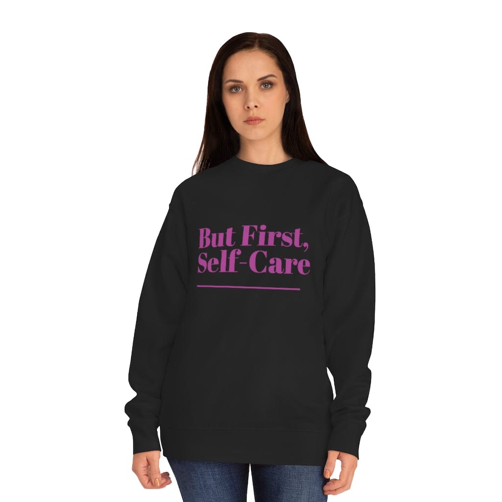 Woman in But First Self-care Crew Sweatshirt