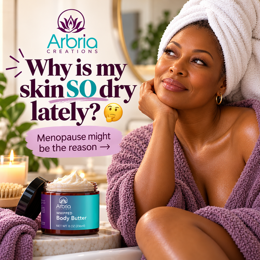 Woman applying whipped body butter to dry skin, with text “Menopause Dry Skin? 7 Gentle Ways to Bring Back Moisture