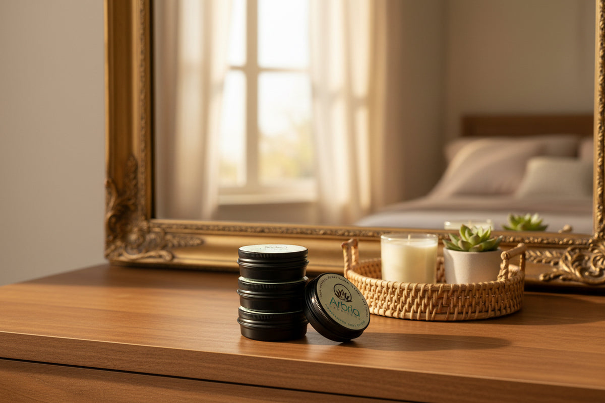 Arbria Creations mini whipped body butter jars displayed on a wooden dresser in a cozy bedroom beside a candle and greenery